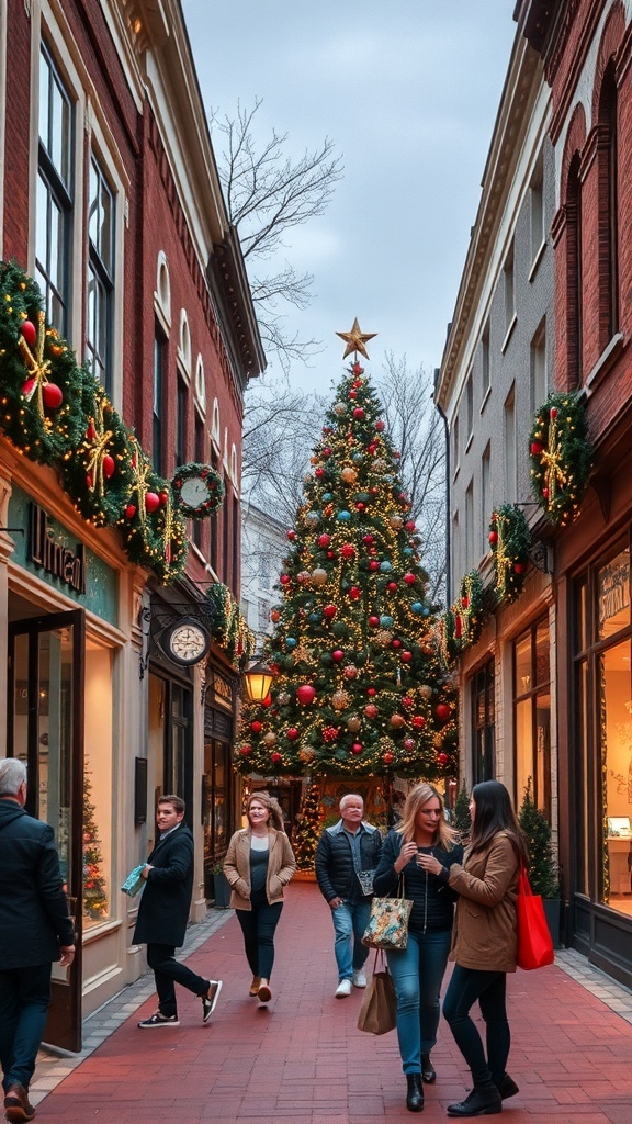 Downtown Christmas shopping scene with decorated stores, shoppers with gift bags, and a large Christmas tree.